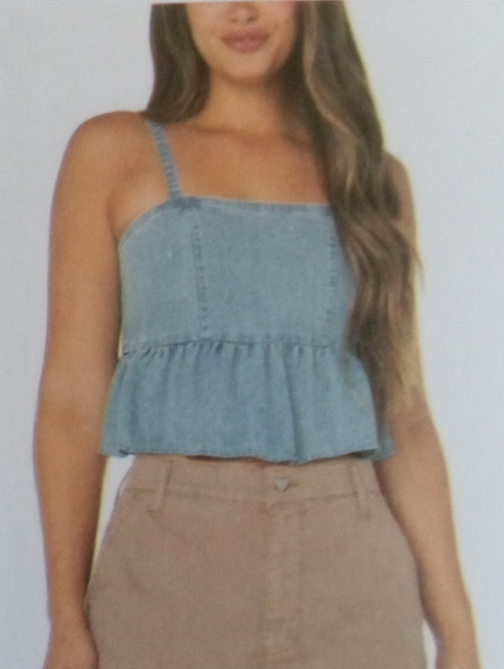 Light Denim Wash Peplum Cami Boho Halter with Stretch Straps Cotton Poly Blend